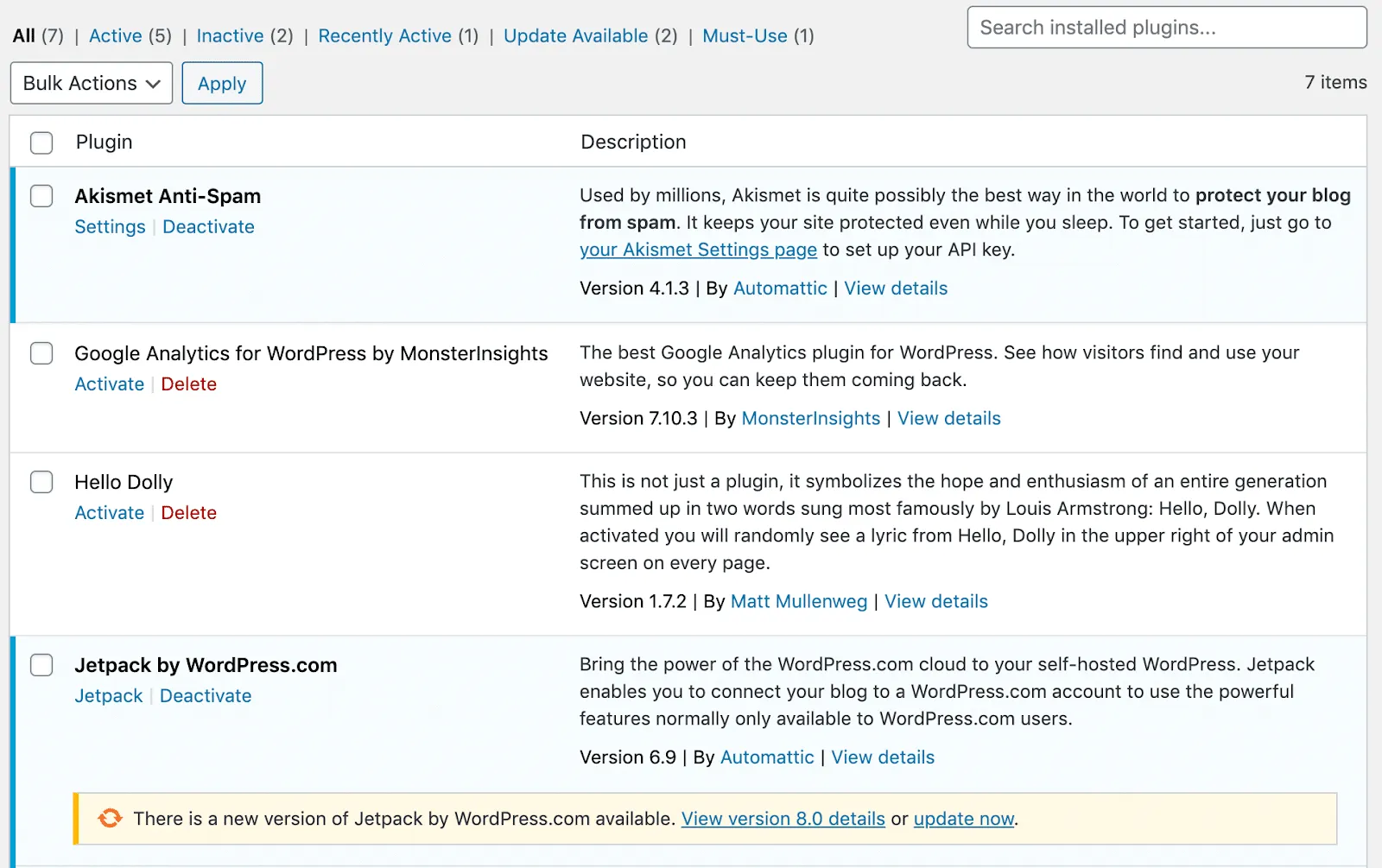 wordpress default plugins