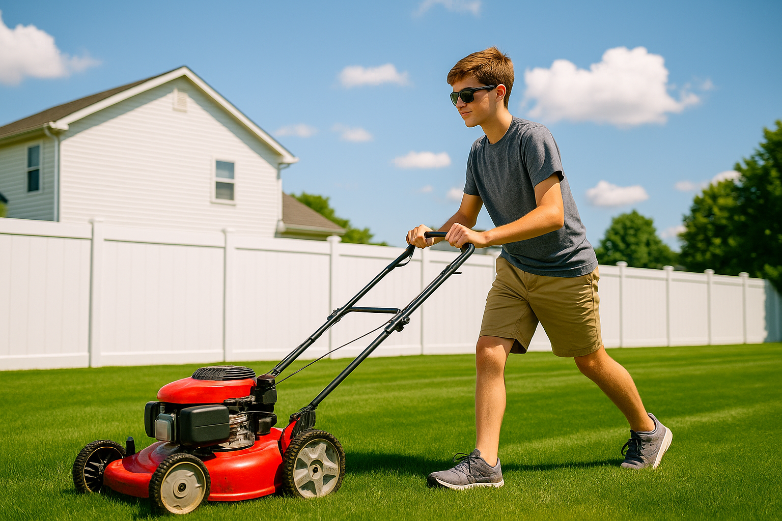 A teenager mowing a suburban lawn as a side hustle
