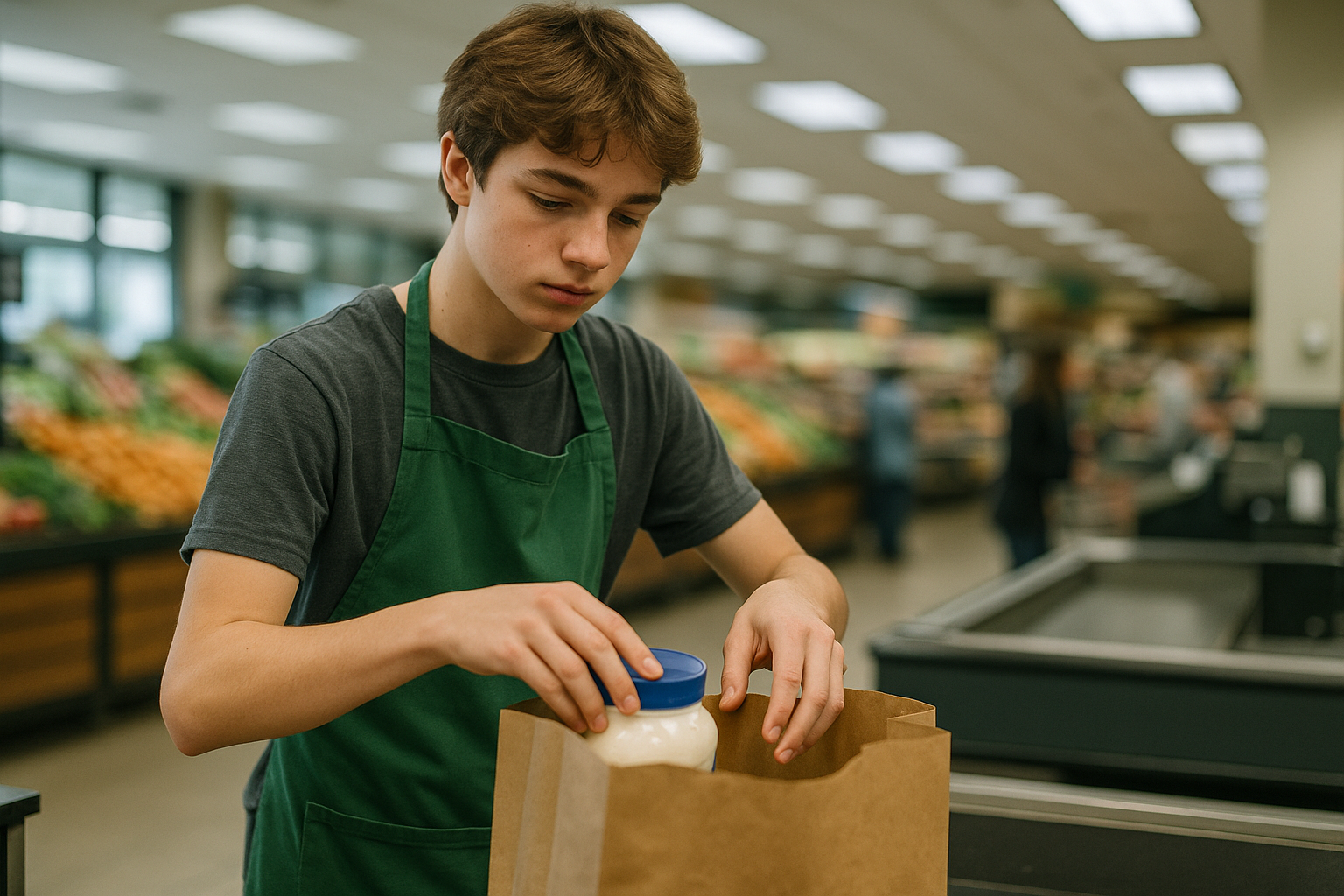 A teenager working as a bagger at a grocery store