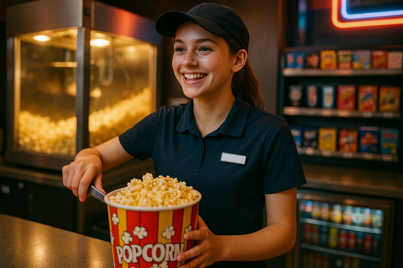 A teenager working at a movie theater concession stand