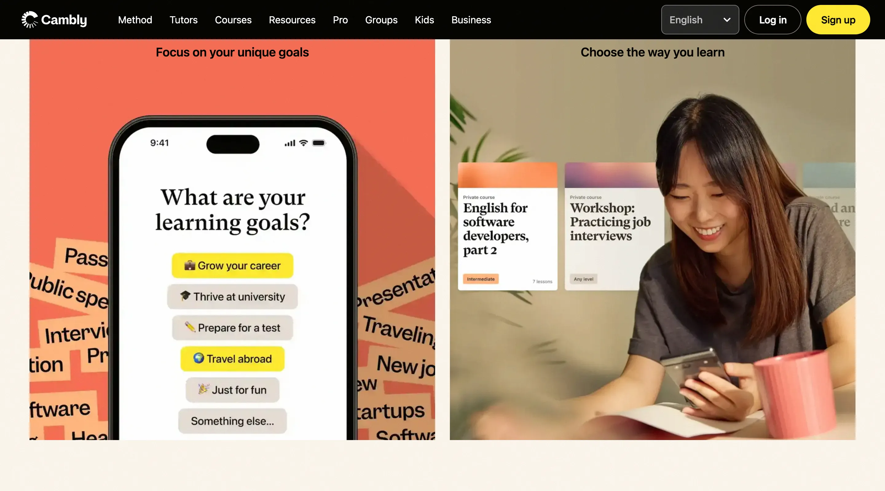Cambly homepage features section showing "Start with your goals" for personalized learning paths
