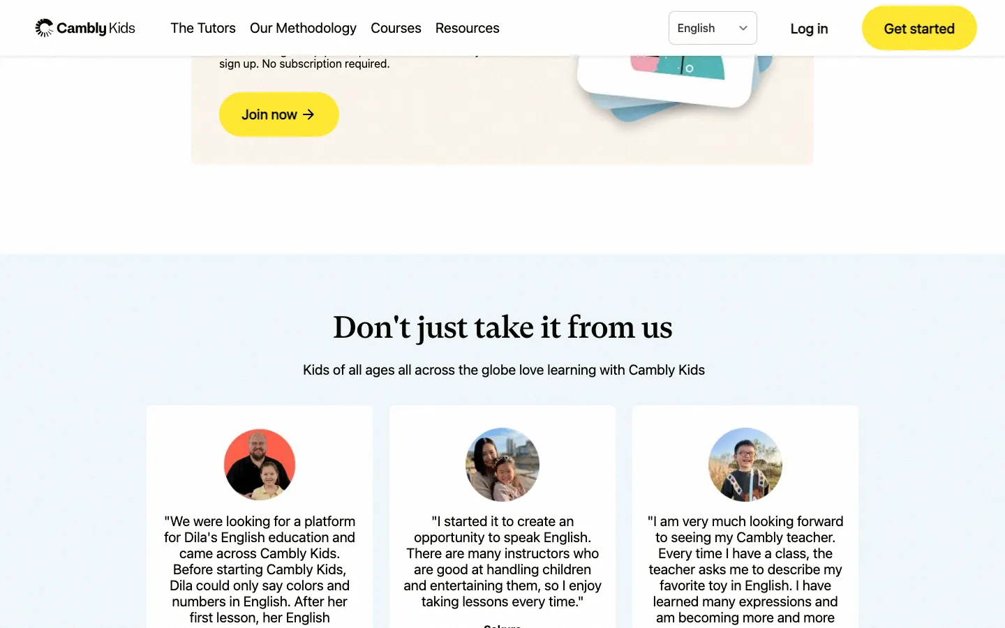 Cambly Kids testimonials section with parent reviews praising English instructors and learning progress