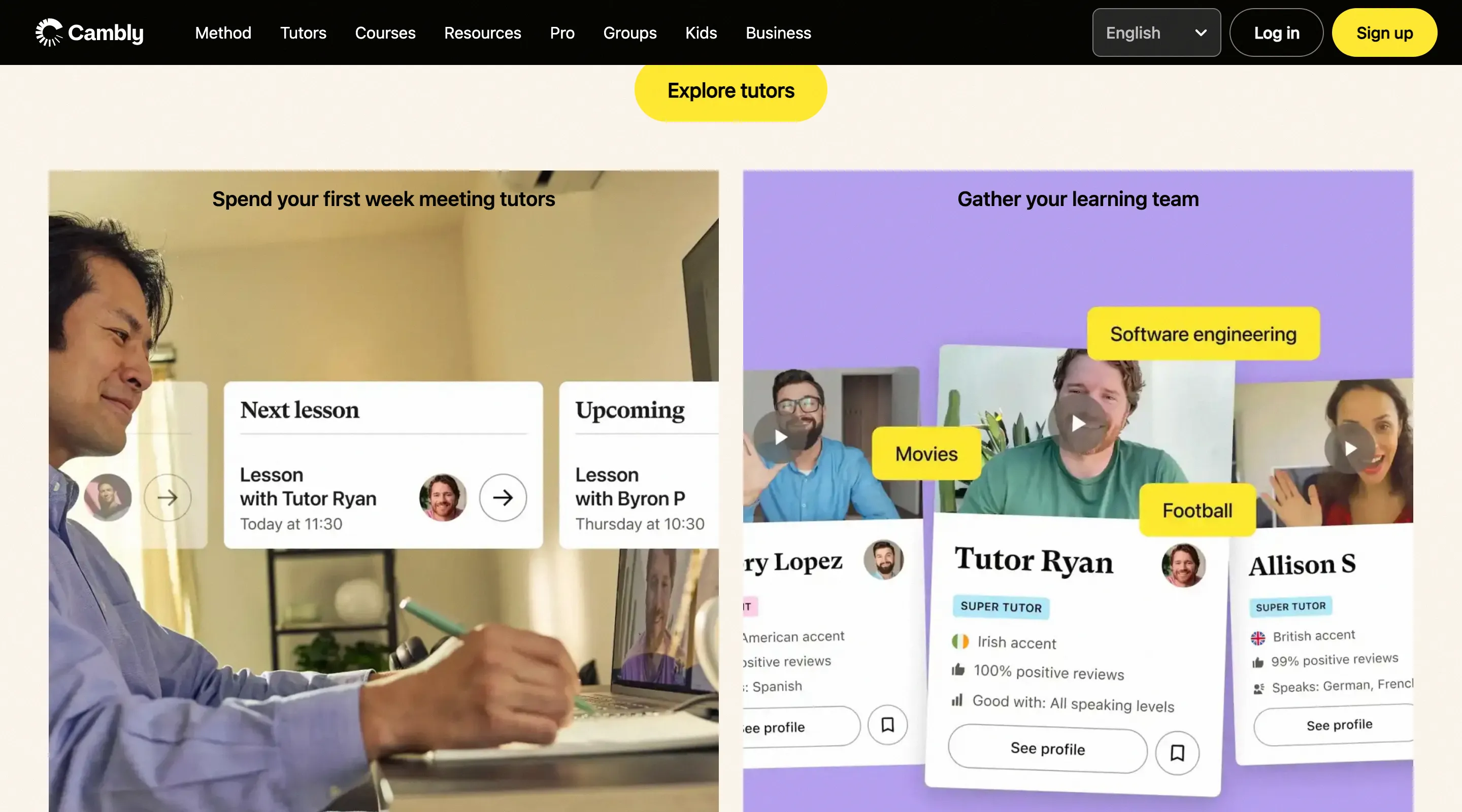 Cambly homepage section displaying available tutor profiles with photos and specialties