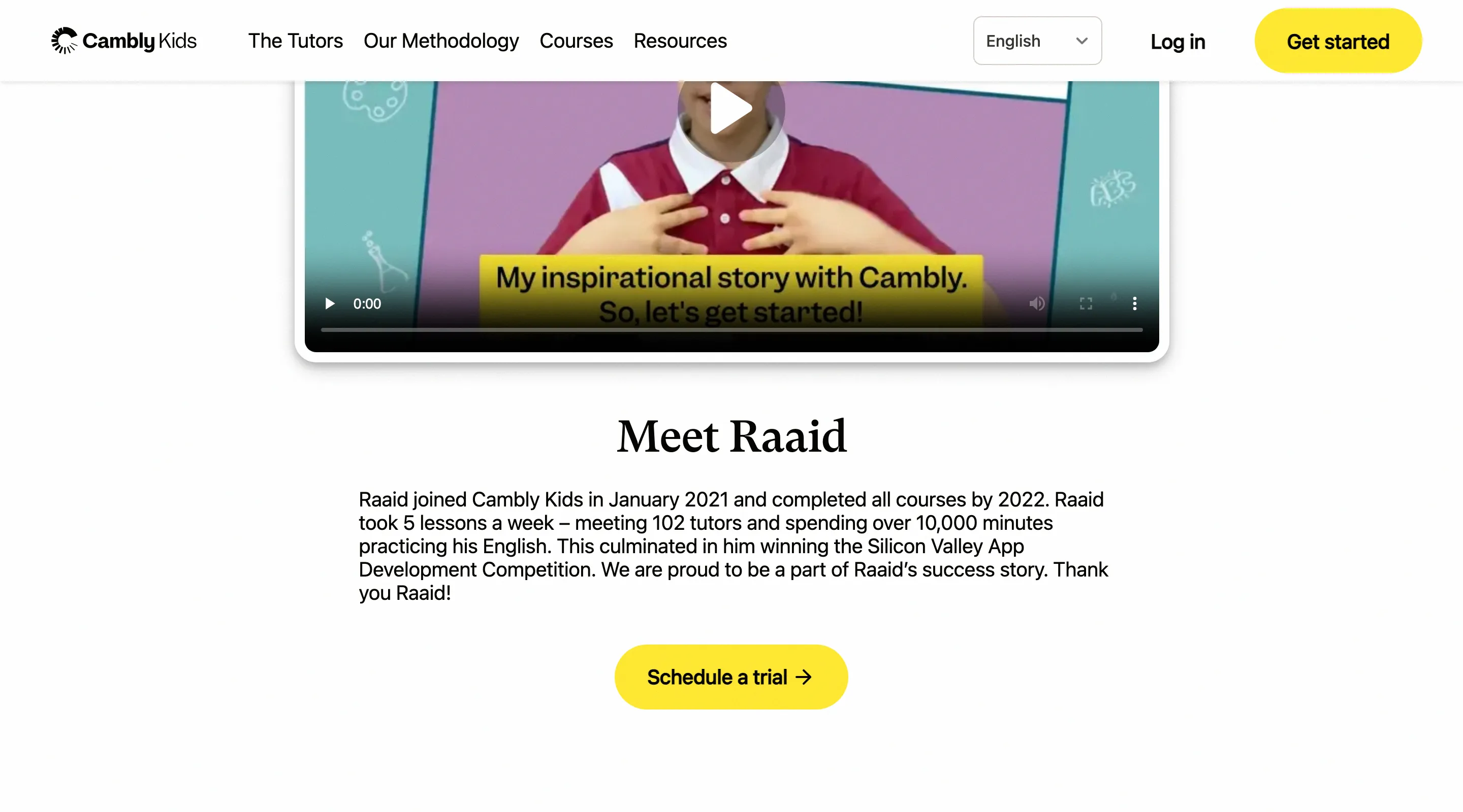 Cambly Kids features and methodology page showing structured curriculum and interactive lesson approach