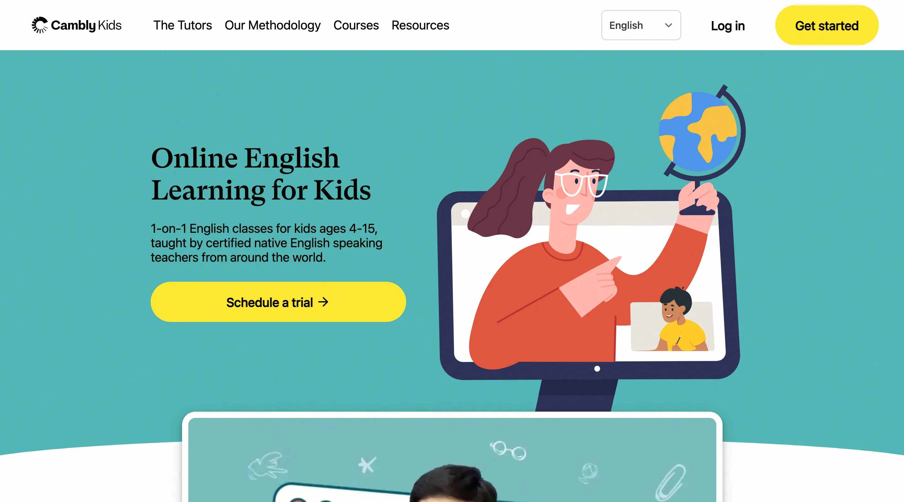 Cambly Kids online English learning page for children ages 4 to 15 with colorful curriculum overview