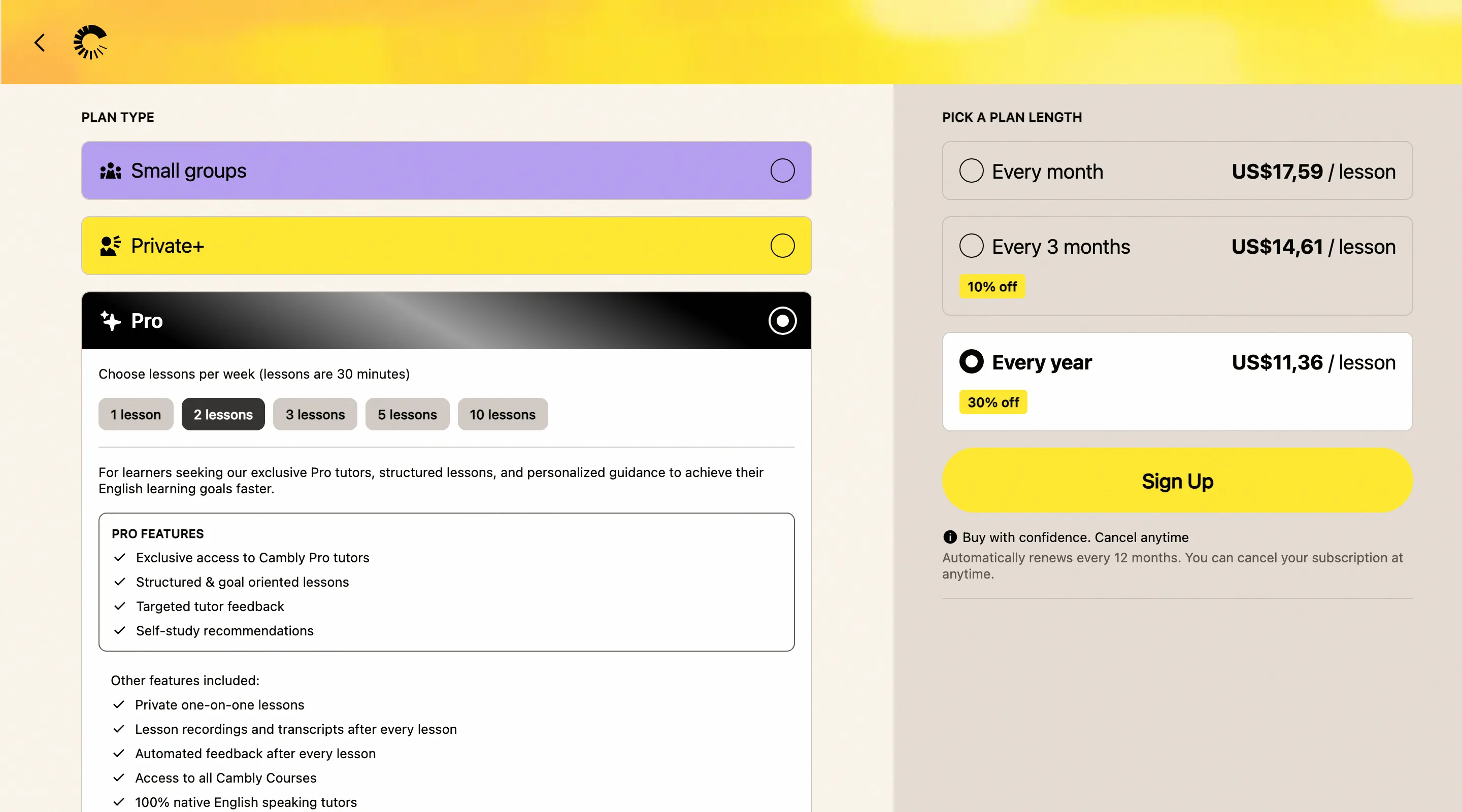 Cambly pricing and subscription plans page showing different session lengths and weekly options