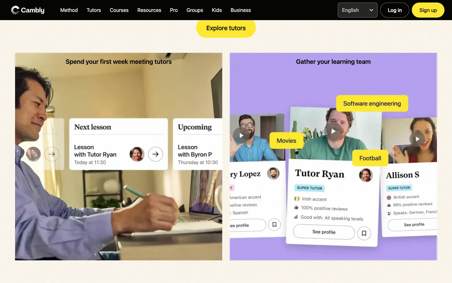 Cambly homepage showing tutor profiles with lesson scheduling, accent details, and review ratings