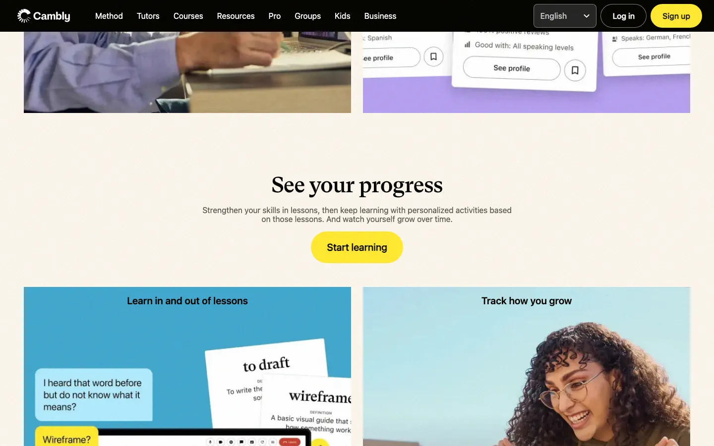 Cambly progress tracking page showing personalized learning activities and skill growth features