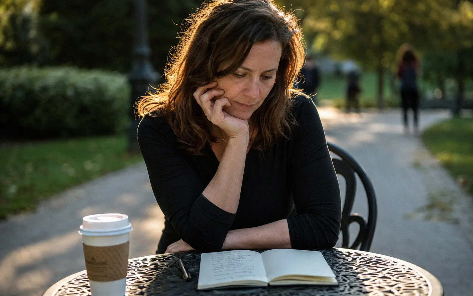 Person sitting at an outdoor cafe table looking at a handwritten list in a notebook